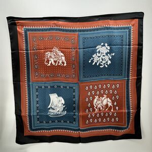 Scarf Neckerchief Wrap Burnt Orange Blue Polyester Elephant